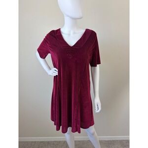Entro Burgundy Pleated Velvet V-Neck Mini Dress Short Sleeve Wine Red Large